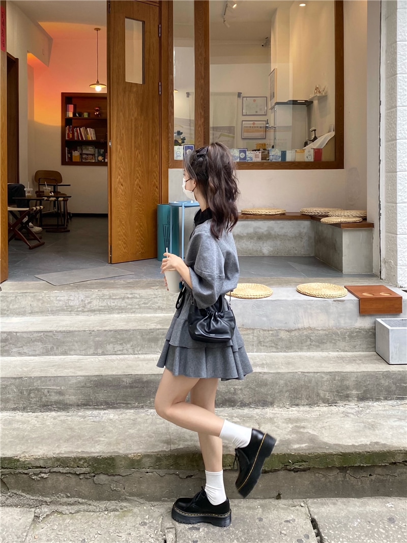 セットアップ レディース トップス S M L 韓国 Tシャツ スカート ミニスカート 半袖 襟付き 襟あり ポロシャツ ドロップショルダー ウエストゴム フリル かわいい 大人可愛い フェミニン