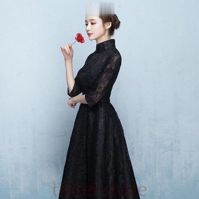 パーティードレス 結婚式 ロングドレス 立ち襟 ドレス 袖あり ウェディングドレス 二次会ドレス レースアップ パーティドレス 黒ドレス お呼ばれ 忘年会