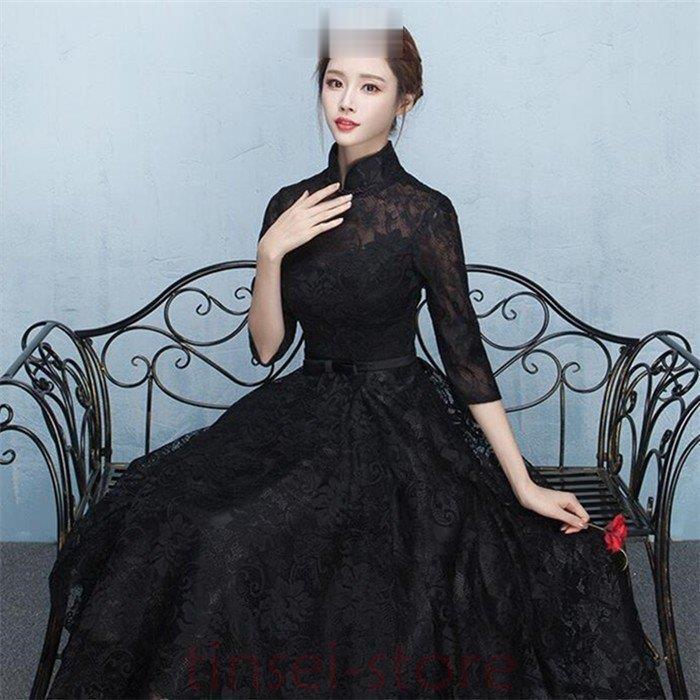 パーティードレス 結婚式 ロングドレス 立ち襟 ドレス 袖あり ウェディングドレス 二次会ドレス レースアップ パーティドレス 黒ドレス お呼ばれ 忘年会