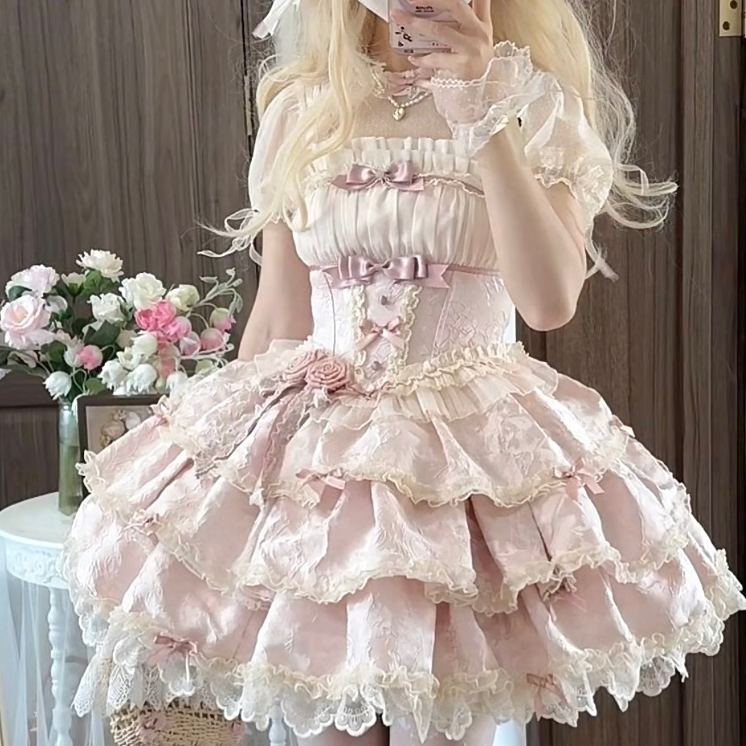 Lolita实体洋装芭蕾风Doll感吊带日常连衣裙洛丽塔短款粉色裙