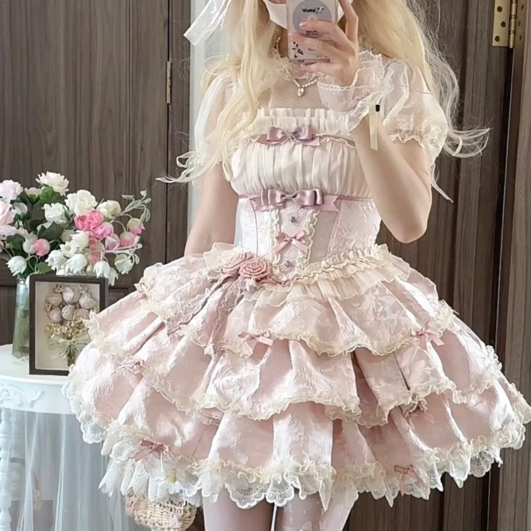 Lolita实体洋装芭蕾风Doll感吊带日常连衣裙洛丽塔短款粉色裙