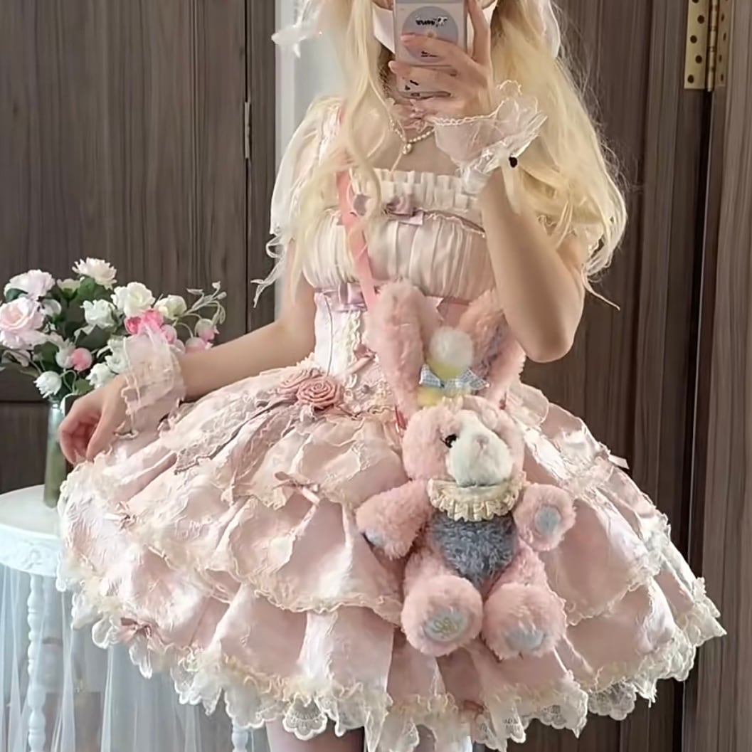 Lolita实体洋装芭蕾风Doll感吊带日常连衣裙洛丽塔短款粉色裙