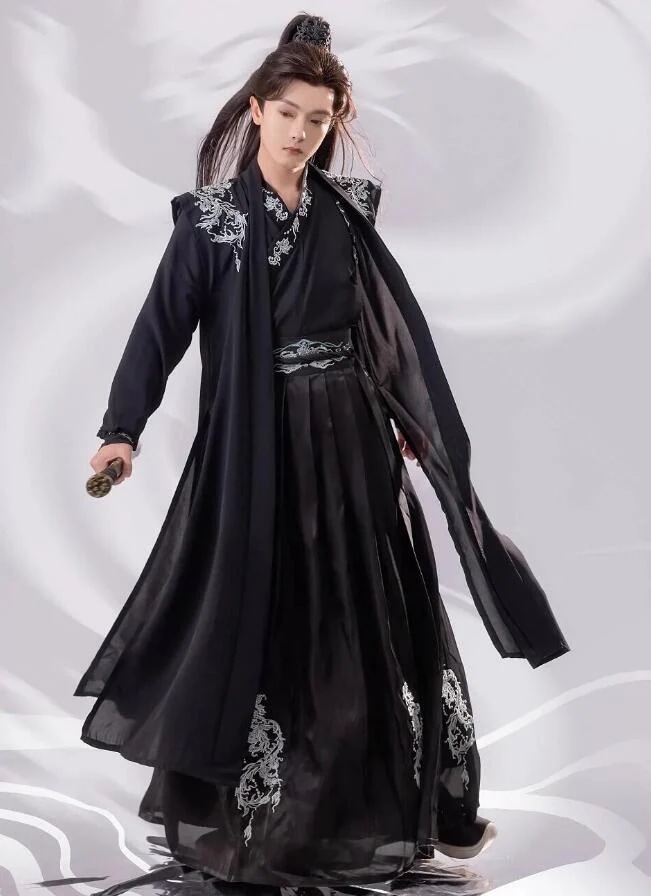 漢服 中華衣裳 メンズ 男女兼用 漢服3点セット 5点セット 黒 白 羽織付き 龍刺しゅう おしゃれ 交差襟 飄逸 チャイナ服 カンフー 武術 侠客 中国古代服装 中華古代時代劇 変身 変装 ハロウィ