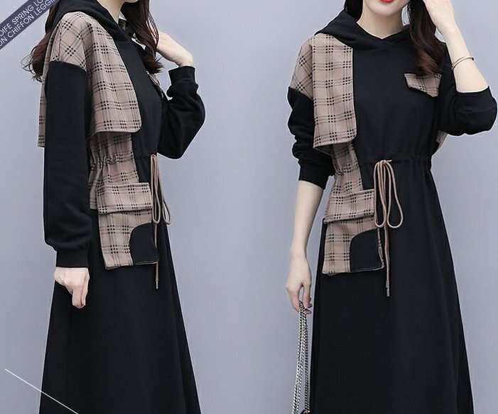 ワンピース 膝丈 ひざ丈 膝下 ロング ロング丈 袖あり 長袖 Uネック フード付き かわいい 大人可愛い きれいめ シンプル 大人 おしゃれ お洒落 大人女子 キュート ガーリー 柄 チェック柄