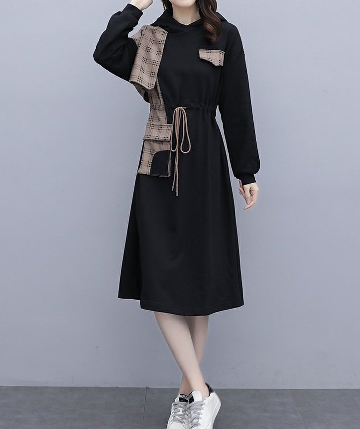 ワンピース 膝丈 ひざ丈 膝下 ロング ロング丈 袖あり 長袖 Uネック フード付き かわいい 大人可愛い きれいめ シンプル 大人 おしゃれ お洒落 大人女子 キュート ガーリー 柄 チェック柄