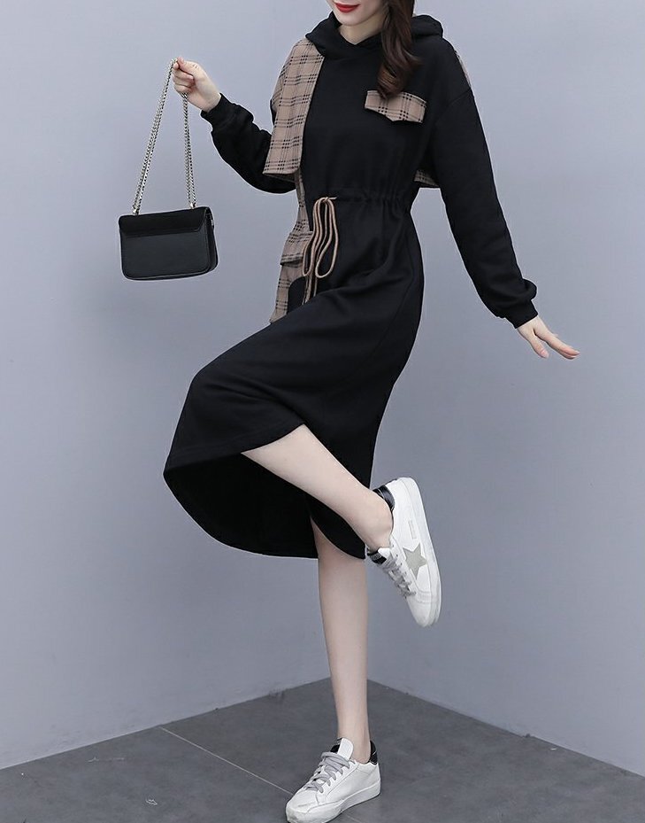 ワンピース 膝丈 ひざ丈 膝下 ロング ロング丈 袖あり 長袖 Uネック フード付き かわいい 大人可愛い きれいめ シンプル 大人 おしゃれ お洒落 大人女子 キュート ガーリー 柄 チェック柄