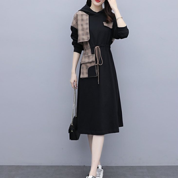 ワンピース 膝丈 ひざ丈 膝下 ロング ロング丈 袖あり 長袖 Uネック フード付き かわいい 大人可愛い きれいめ シンプル 大人 おしゃれ お洒落 大人女子 キュート ガーリー 柄 チェック柄