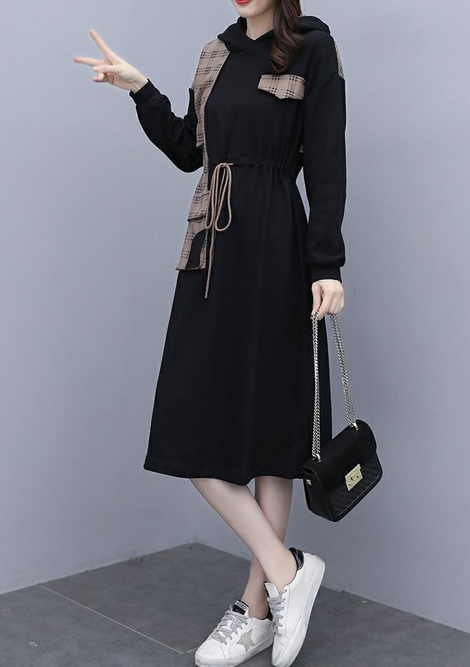 ワンピース 膝丈 ひざ丈 膝下 ロング ロング丈 袖あり 長袖 Uネック フード付き かわいい 大人可愛い きれいめ シンプル 大人 おしゃれ お洒落 大人女子 キュート ガーリー 柄 チェック柄