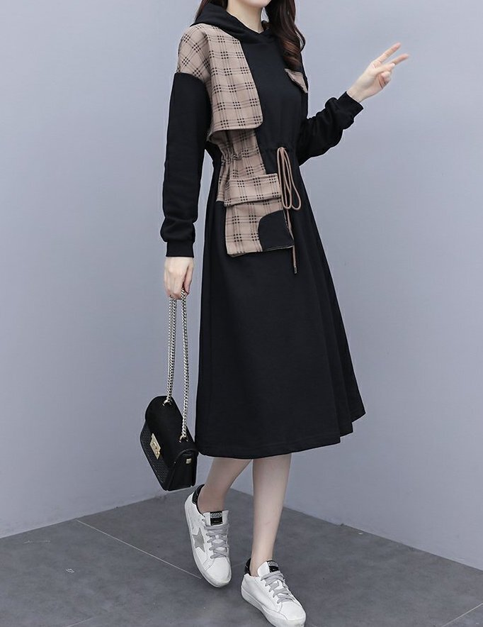 ワンピース 膝丈 ひざ丈 膝下 ロング ロング丈 袖あり 長袖 Uネック フード付き かわいい 大人可愛い きれいめ シンプル 大人 おしゃれ お洒落 大人女子 キュート ガーリー 柄 チェック柄