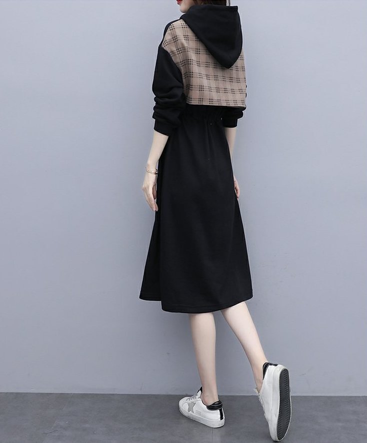 ワンピース 膝丈 ひざ丈 膝下 ロング ロング丈 袖あり 長袖 Uネック フード付き かわいい 大人可愛い きれいめ シンプル 大人 おしゃれ お洒落 大人女子 キュート ガーリー 柄 チェック柄