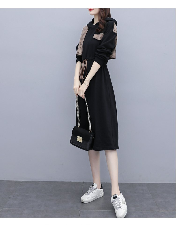 ワンピース 膝丈 ひざ丈 膝下 ロング ロング丈 袖あり 長袖 Uネック フード付き かわいい 大人可愛い きれいめ シンプル 大人 おしゃれ お洒落 大人女子 キュート ガーリー 柄 チェック柄