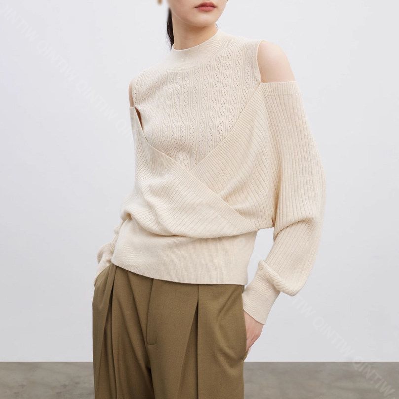 OFFクーポン 肩出し セーター レディース クルーネック ニット 長袖 スリーブ パフスリーブ トップス 大きい ビッグシルエット 体型カバー 大人 ニットトップス 秋ニット 薄手 ゆるセーター 秋