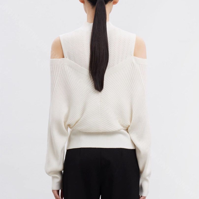 OFFクーポン 肩出し セーター レディース クルーネック ニット 長袖 スリーブ パフスリーブ トップス 大きい ビッグシルエット 体型カバー 大人 ニットトップス 秋ニット 薄手 ゆるセーター 秋