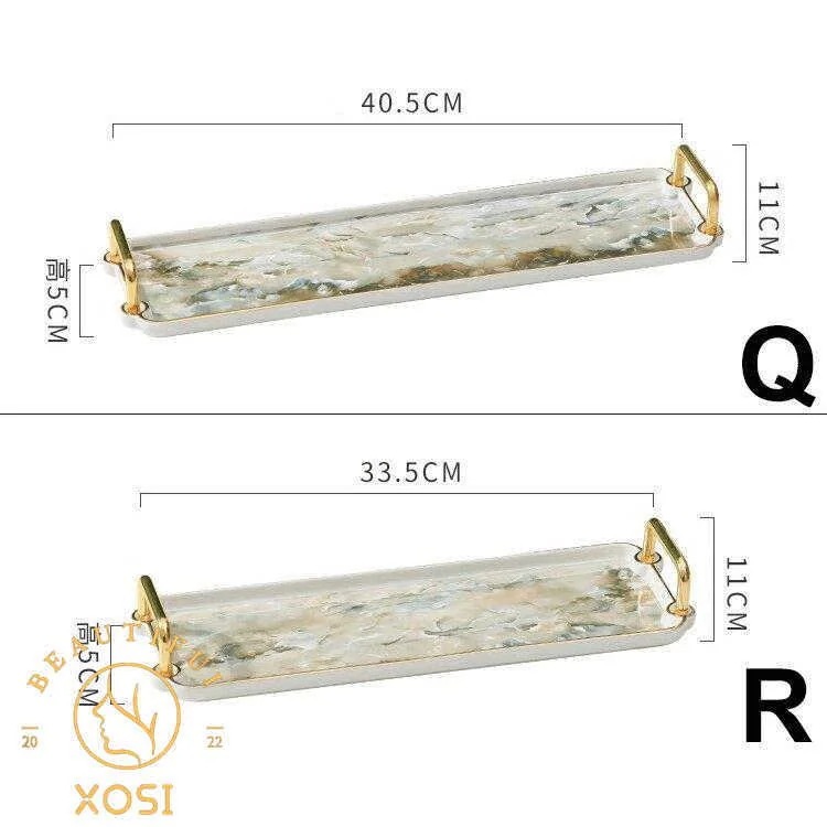 リビング用品 キッチン用品 整理整頓 トレイ 取っ手 無地 大理石調 ラグジュアリー モダンテイスト ホワイト ゴールド 可愛い/[ahw12]