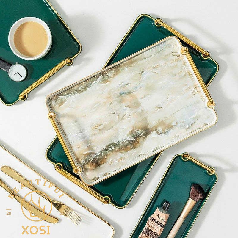 リビング用品 キッチン用品 整理整頓 トレイ 取っ手 無地 大理石調 ラグジュアリー モダンテイスト ホワイト ゴールド 可愛い/[ahw12]