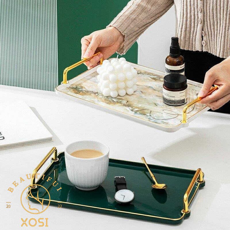 リビング用品 キッチン用品 整理整頓 トレイ 取っ手 無地 大理石調 ラグジュアリー モダンテイスト ホワイト ゴールド 可愛い/[ahw12]