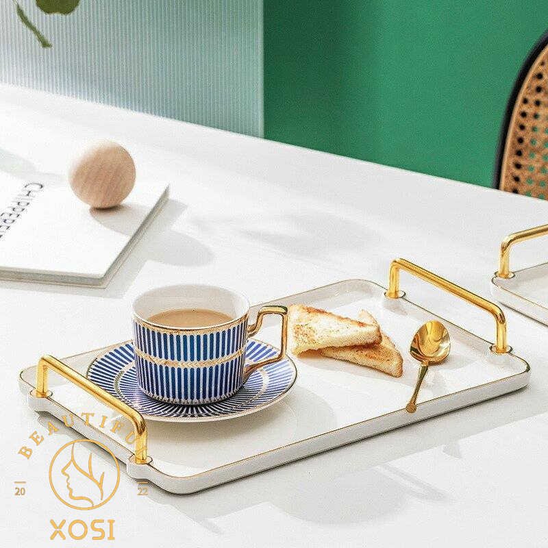 リビング用品 キッチン用品 整理整頓 トレイ 取っ手 無地 大理石調 ラグジュアリー モダンテイスト ホワイト ゴールド 可愛い/[ahw12]