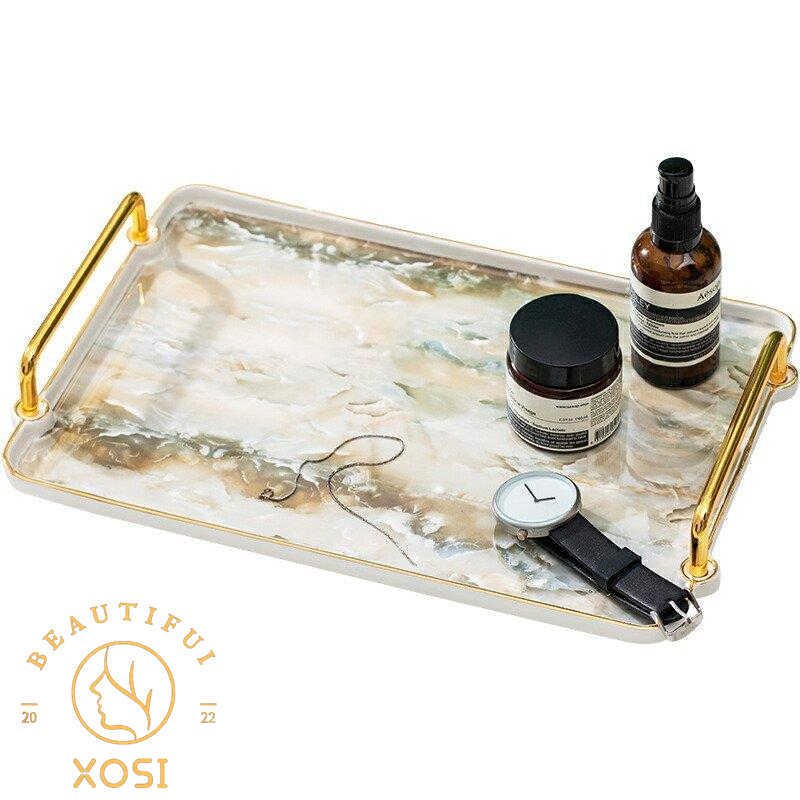 リビング用品 キッチン用品 整理整頓 トレイ 取っ手 無地 大理石調 ラグジュアリー モダンテイスト ホワイト ゴールド 可愛い/[ahw12]