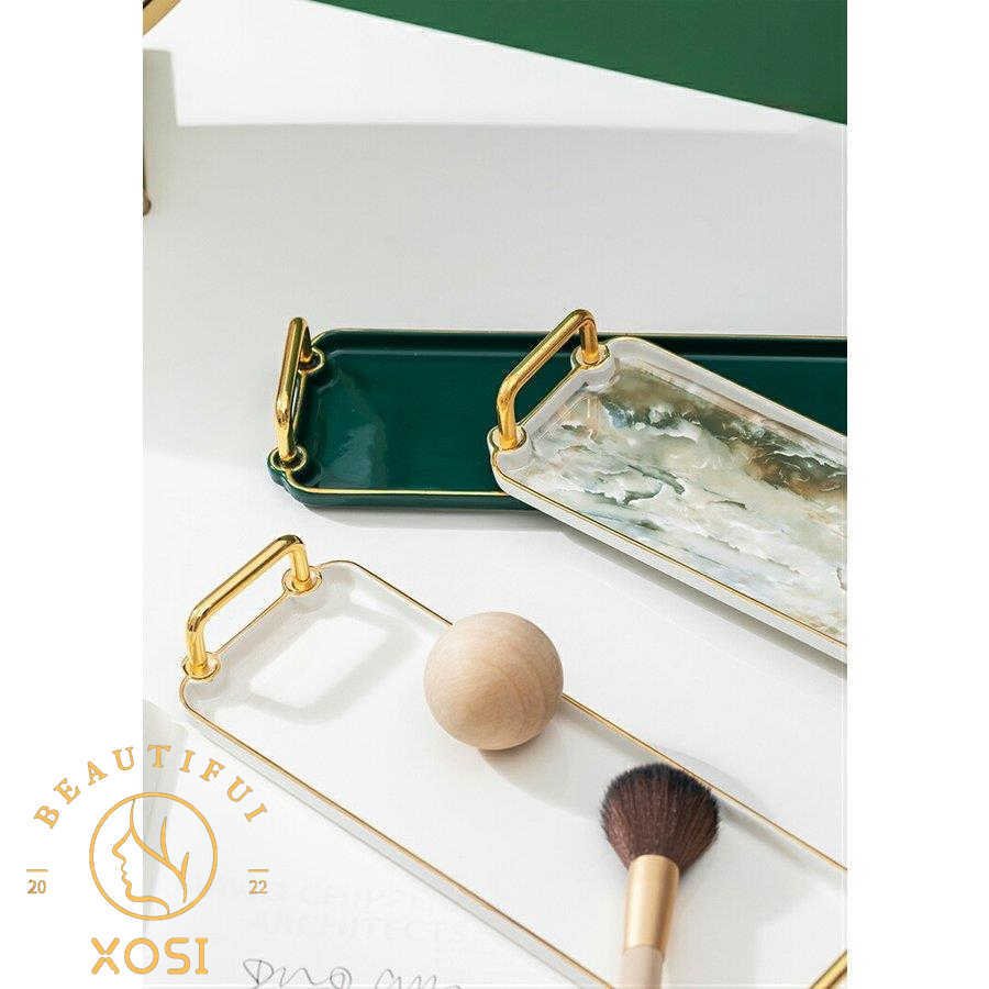 リビング用品 キッチン用品 整理整頓 トレイ 取っ手 無地 大理石調 ラグジュアリー モダンテイスト ホワイト ゴールド 可愛い/[ahw12]