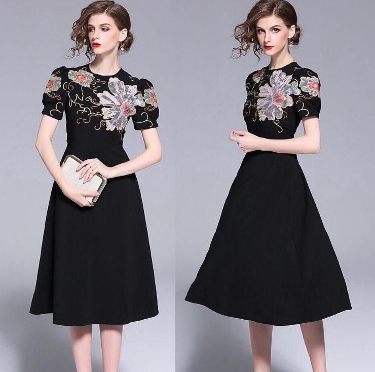 花刺繍ハイウエストブラックドレス 入園式 ワンピ 結婚式 二次会 入学式 大人 上品 卒業式 OL レディース ミディアム丈 半袖 花柄 刺繍 春 夏 秋 冬 花刺繍ハイウエストブラックドレス 入園式 ワンピ 結婚式 二次会 入学式 大人 上品 卒業式 OL レディース ミディアム丈 半袖 花柄 刺繍 春 夏 秋 冬