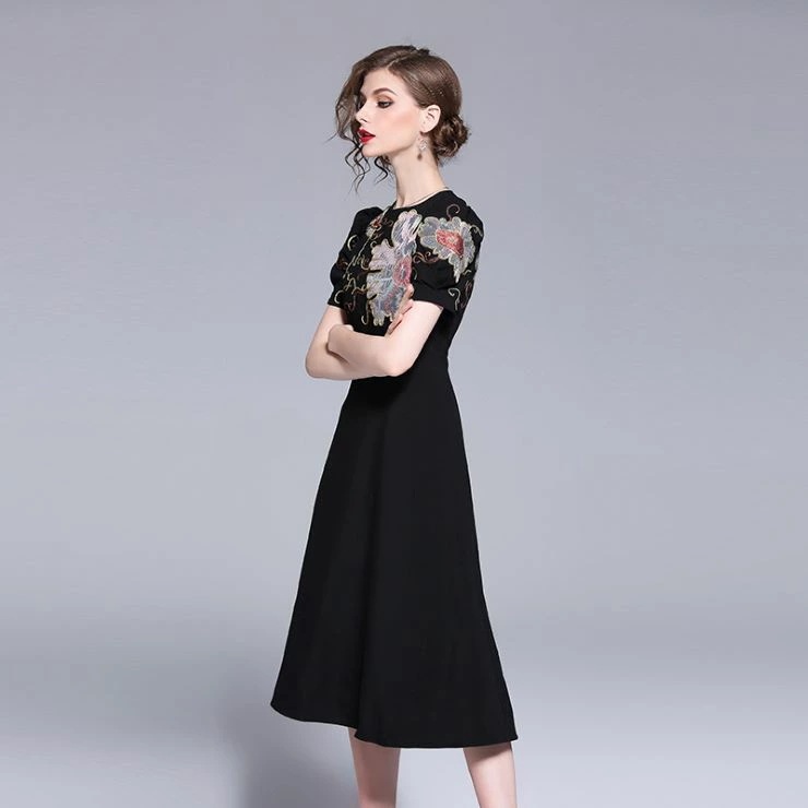 花刺繍ハイウエストブラックドレス 入園式 ワンピ 結婚式 二次会 入学式 大人 上品 卒業式 OL レディース ミディアム丈 半袖 花柄 刺繍 春 夏 秋 冬 花刺繍ハイウエストブラックドレス 入園式 ワンピ 結婚式 二次会 入学式 大人 上品 卒業式 OL レディース ミディアム丈 半袖 花柄 刺繍 春 夏 秋 冬