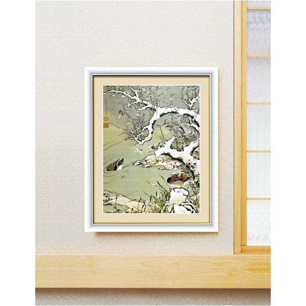 [若冲 鳳凰 旭日][動植綵絵額]群鶏/白鳳/鶏伊藤若冲 額装品（白）F6号 雪中遊禽図