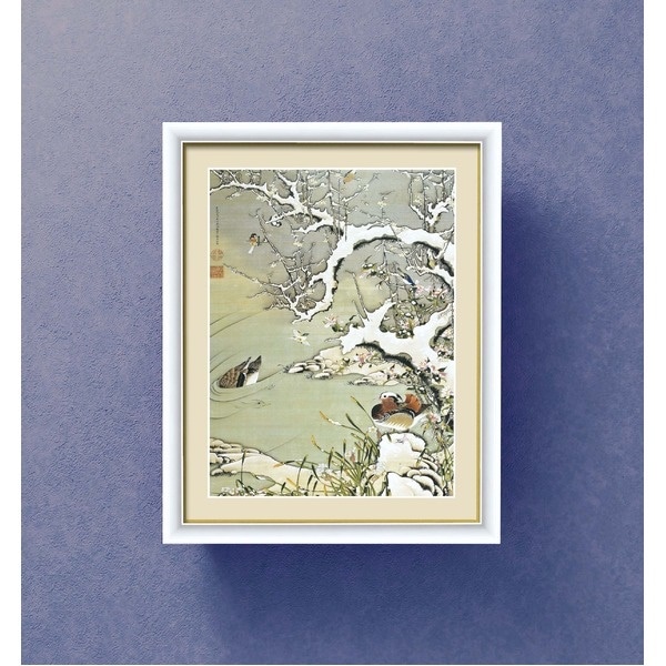 [若冲 鳳凰 旭日][動植綵絵額]群鶏/白鳳/鶏伊藤若冲 額装品（白）F6号 雪中遊禽図