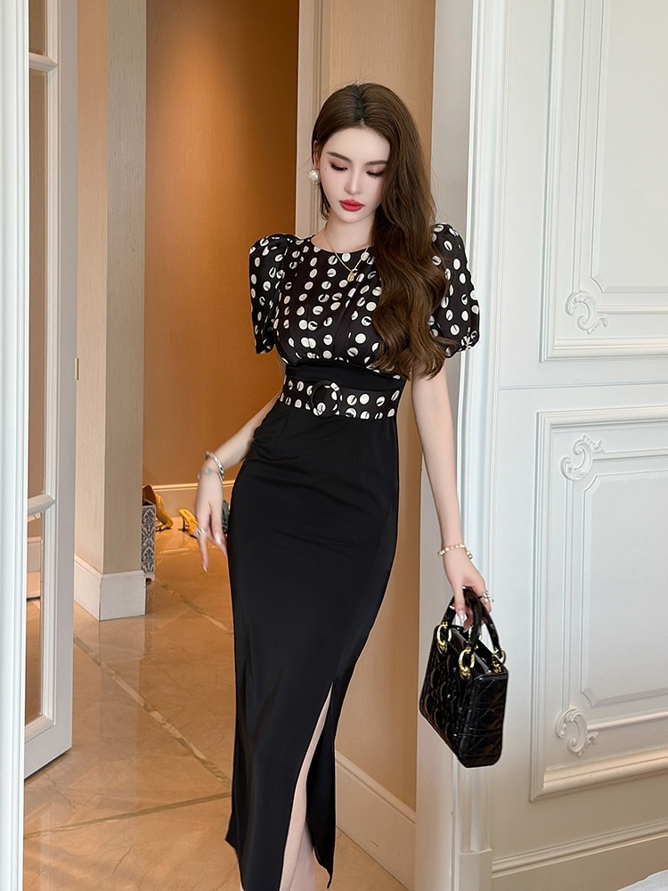 【JY.上品】 水玉 ワンピース 夏 ウエスト引き締めスリット ロングワンピース パーティードレス キャバ 着痩せ 大人 同窓会 披露宴 卒業式 結婚式 演奏会 二次会 発表会