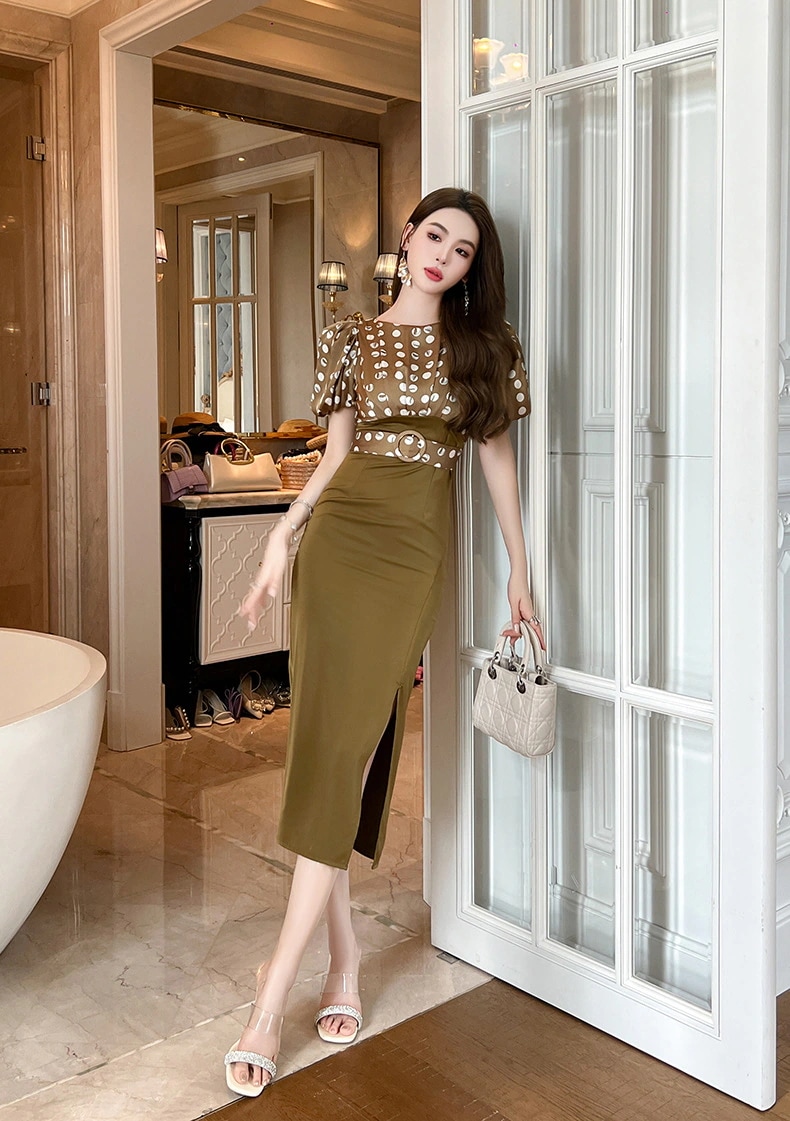 【JY.上品】 水玉 ワンピース 夏 ウエスト引き締めスリット ロングワンピース パーティードレス キャバ 着痩せ 大人 同窓会 披露宴 卒業式 結婚式 演奏会 二次会 発表会