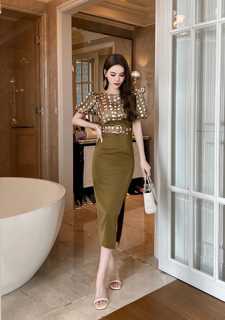 【JY.上品】 水玉 ワンピース 夏 ウエスト引き締めスリット ロングワンピース パーティードレス キャバ 着痩せ 大人 同窓会 披露宴 卒業式 結婚式 演奏会 二次会 発表会