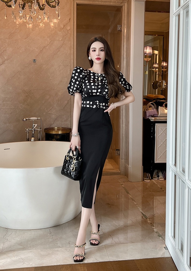 【JY.上品】 水玉 ワンピース 夏 ウエスト引き締めスリット ロングワンピース パーティードレス キャバ 着痩せ 大人 同窓会 披露宴 卒業式 結婚式 演奏会 二次会 発表会