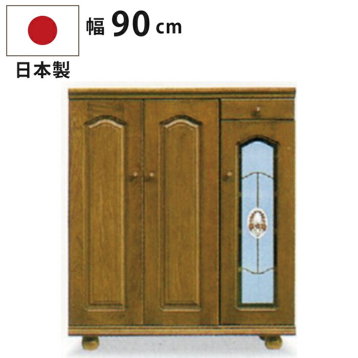 国産 幅90cm 下駄箱 約23足収納可能 オシャレなワンポイントガラス扉 シューズボックス 天然木