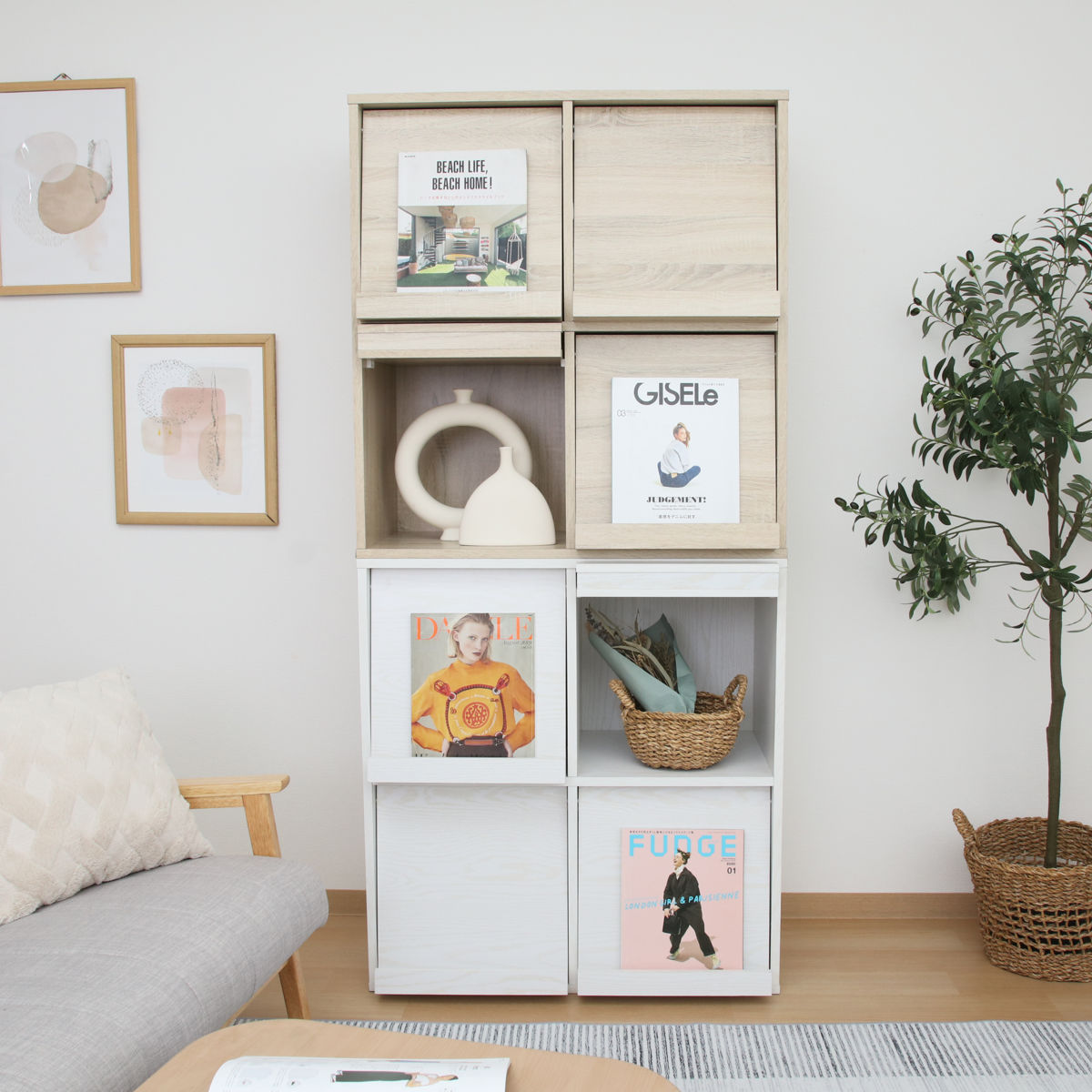 ディスプレイラック 幅80cm 4マス フラップ扉 木製 棚 ラック 収納 ディスプレイ マガジンラック オープンラック 本棚 A4対応 リビング オーク オークブラウン オークホワイト