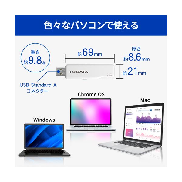 （まとめ） アイオーデータUSB 3.1 Gen 1（USB 3.0）／USB 2.0対応 スタンダードUSBメモリー 16GB ホワイトU3-STD16GR／W 1個 [x3セット]