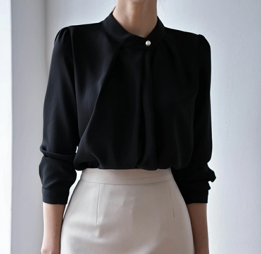 タックネックパフスリーブブラウスp435892 レディース 【bl】ブラウス トップス 長袖 パフスリーブ パフ袖 単色 無地 シンプル ベーシック タック オフィスカジュアル ピンク 式典 秋 冬