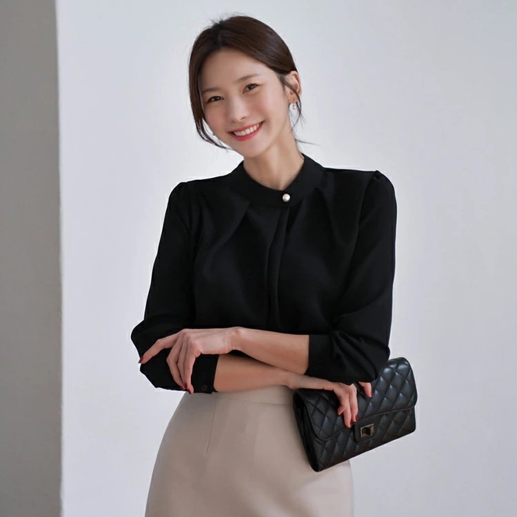 タックネックパフスリーブブラウスp435892 レディース 【bl】ブラウス トップス 長袖 パフスリーブ パフ袖 単色 無地 シンプル ベーシック タック オフィスカジュアル ピンク 式典 秋 冬