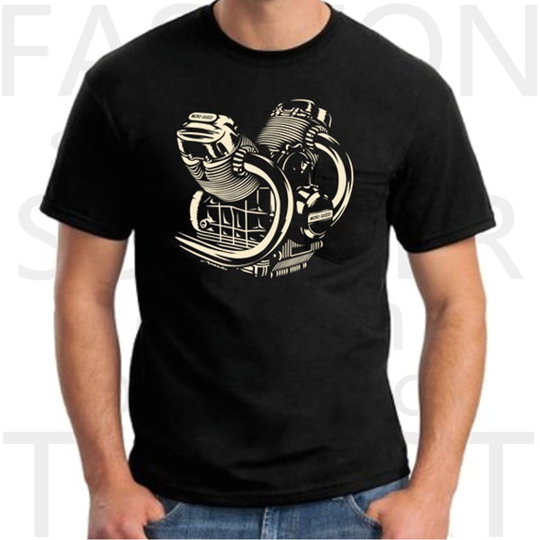 Moto Guzzi Engineブラックオートバイティーシャツメンズラウンドネック半袖コットンTシャツ Moto Guzzi Engineブラックオートバイティーシャツメンズラウンドネック半袖コットンTシャツ