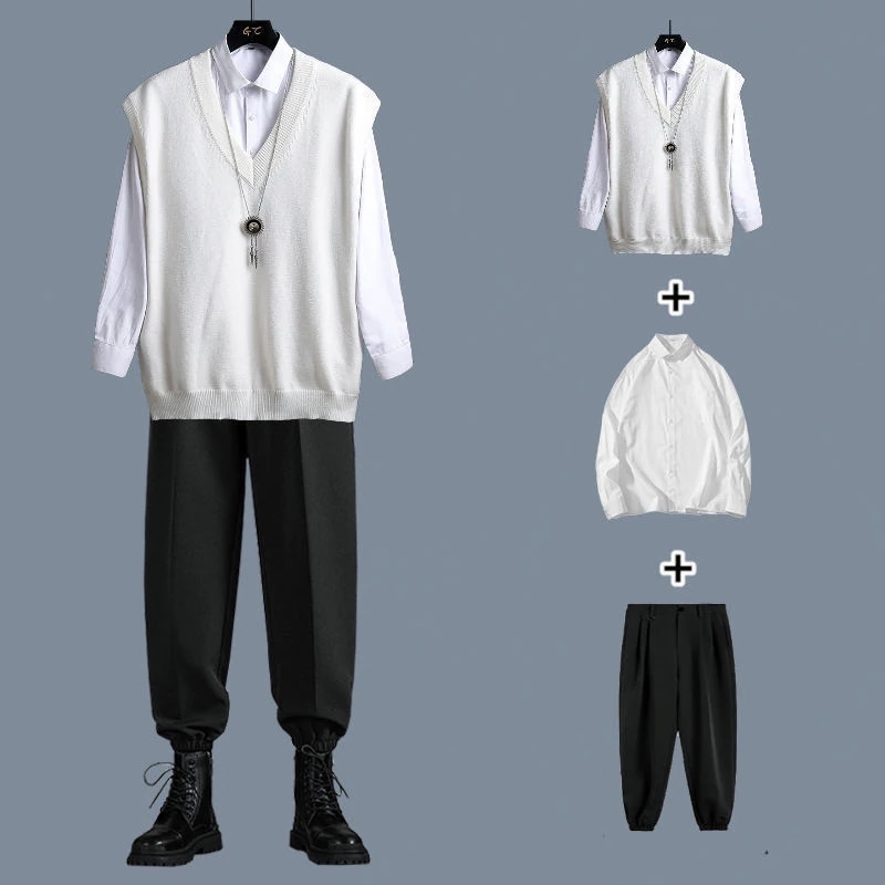 日系オリジナル春秋長袖3点セット シンプルシャツ+Vネックニットベスト+カジュアルストレートパンツセット
