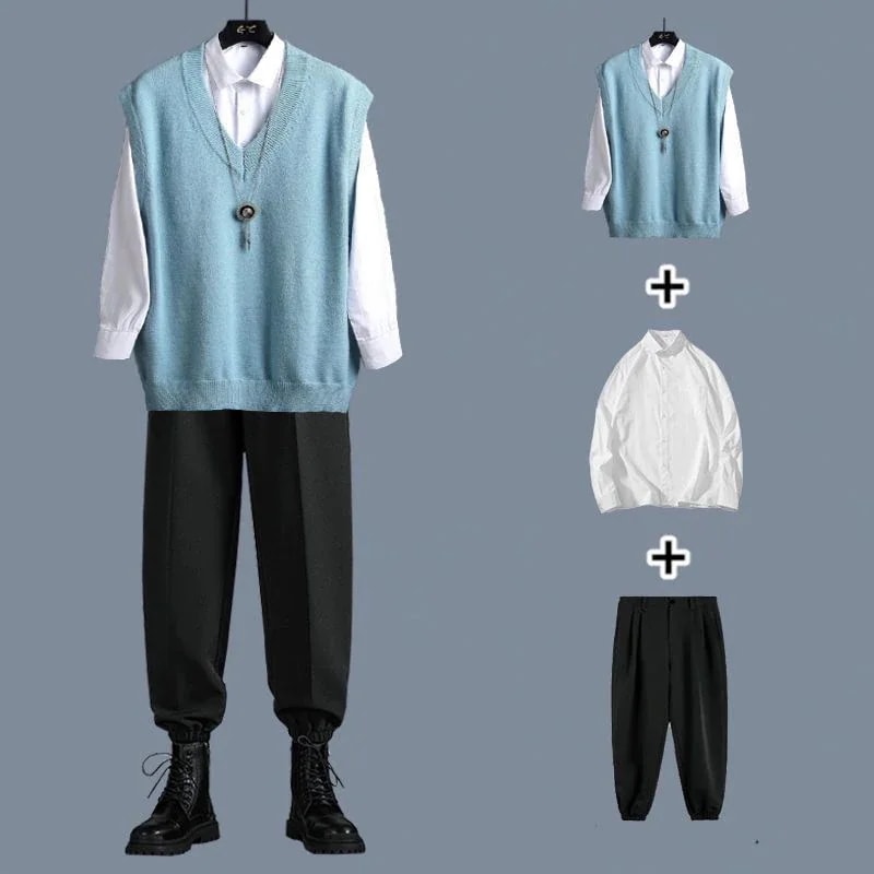 日系オリジナル春秋長袖3点セット シンプルシャツ+Vネックニットベスト+カジュアルストレートパンツセット