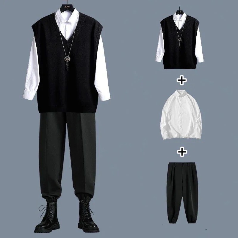 日系オリジナル春秋長袖3点セット シンプルシャツ+Vネックニットベスト+カジュアルストレートパンツセット