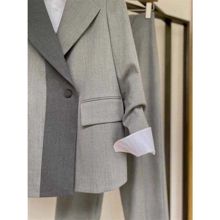 レディースファッション セットアップ スーツ フォーマル ジャケット パンツ 2点セット 長袖 ビッグシルエット ワイドパンツ グレー 切替 おしゃれ-702