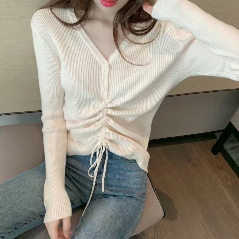 人気なリブニット Tシャツカットソー 新作 スリミング ドローストリング Vネック ニット アンダーウェア レディース セーター インナー 長袖 トップス 人気なリブニット Tシャツカットソー 新作 スリミング ドローストリング Vネック ニット アンダーウェア レディース セーター インナー 長袖 トップス