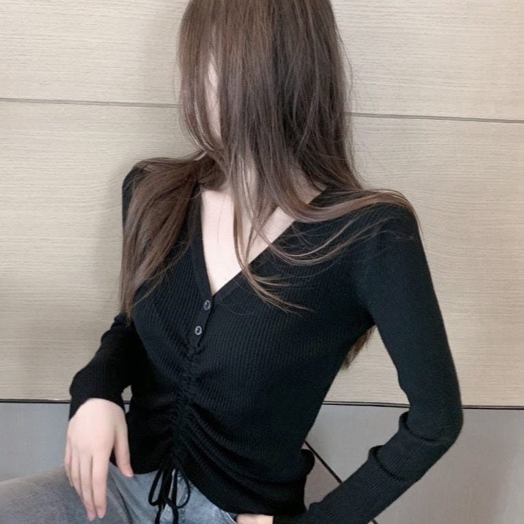 人気なリブニット Tシャツカットソー 新作 スリミング ドローストリング Vネック ニット アンダーウェア レディース セーター インナー 長袖 トップス 人気なリブニット Tシャツカットソー 新作 スリミング ドローストリング Vネック ニット アンダーウェア レディース セーター インナー 長袖 トップス