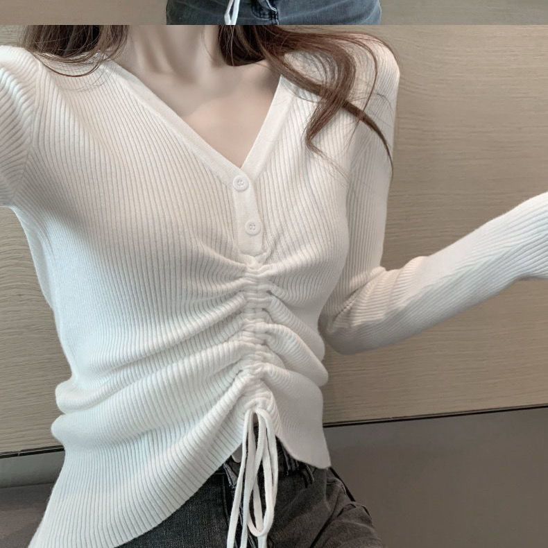 人気なリブニット Tシャツカットソー 新作 スリミング ドローストリング Vネック ニット アンダーウェア レディース セーター インナー 長袖 トップス 人気なリブニット Tシャツカットソー 新作 スリミング ドローストリング Vネック ニット アンダーウェア レディース セーター インナー 長袖 トップス