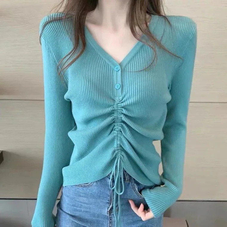 人気なリブニット Tシャツカットソー 新作 スリミング ドローストリング Vネック ニット アンダーウェア レディース セーター インナー 長袖 トップス 人気なリブニット Tシャツカットソー 新作 スリミング ドローストリング Vネック ニット アンダーウェア レディース セーター インナー 長袖 トップス