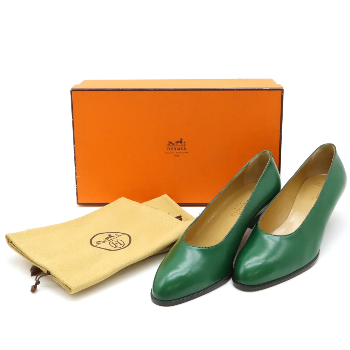 パンプス ローヒール Hロゴ パンチング レザー グリーン 緑 #36 1/2 日本サイズ約23.5c パンプス ローヒール Hロゴ パンチング レザー グリーン 緑 #36 1/2 日本サイズ約23.5c