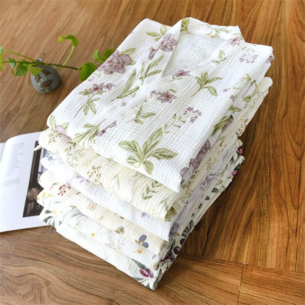 【夏セール！】綿 ルームウェア パジャマ 寝巻き 男女兼用 ガーゼ 浴衣 ガウン お風呂上がり バスローブ ホワイト レディース メンズ 花柄 葉柄 綿 2重ガーゼ 前開き 夏素材 旅館 温泉 介護