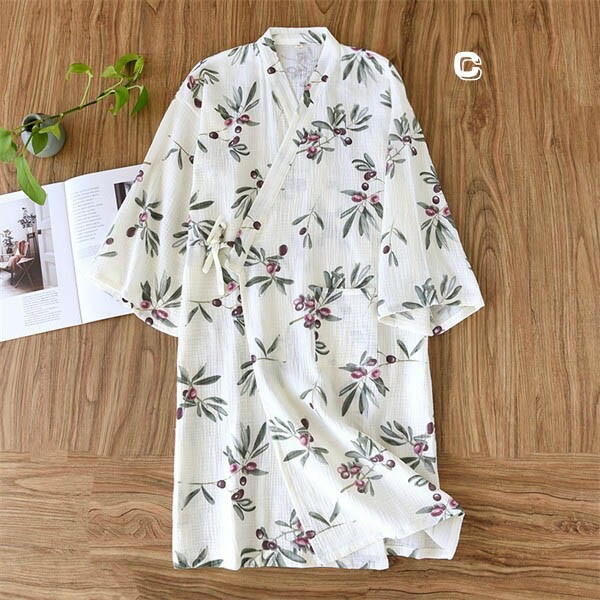 【夏セール！】綿 ルームウェア パジャマ 寝巻き 男女兼用 ガーゼ 浴衣 ガウン お風呂上がり バスローブ ホワイト レディース メンズ 花柄 葉柄 綿 2重ガーゼ 前開き 夏素材 旅館 温泉 介護