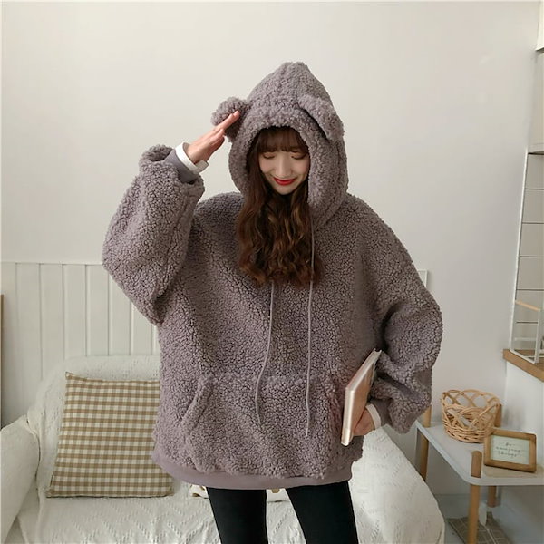 Qoo10] 3色 もこもこ パーカー 長袖 l ポケ