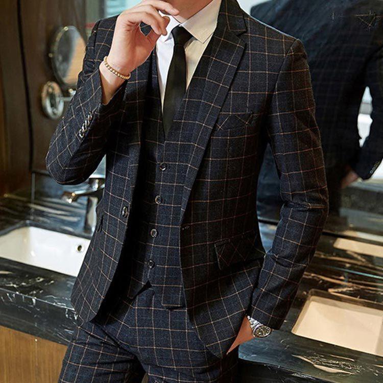 全3色×7サイズ！スリーピーススーツメンズチェック柄3ピース大きいサイズ通勤フォーマルビジネススーツスリムスーツメンズスーツ3点セ